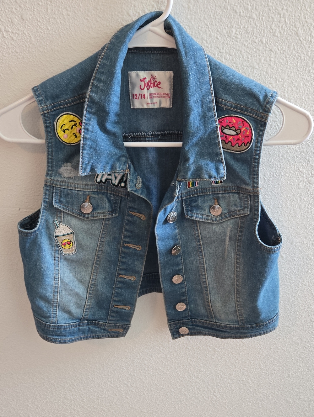 Justice Girls' Denim Vest with Colorful Emoji & Donut Patches
